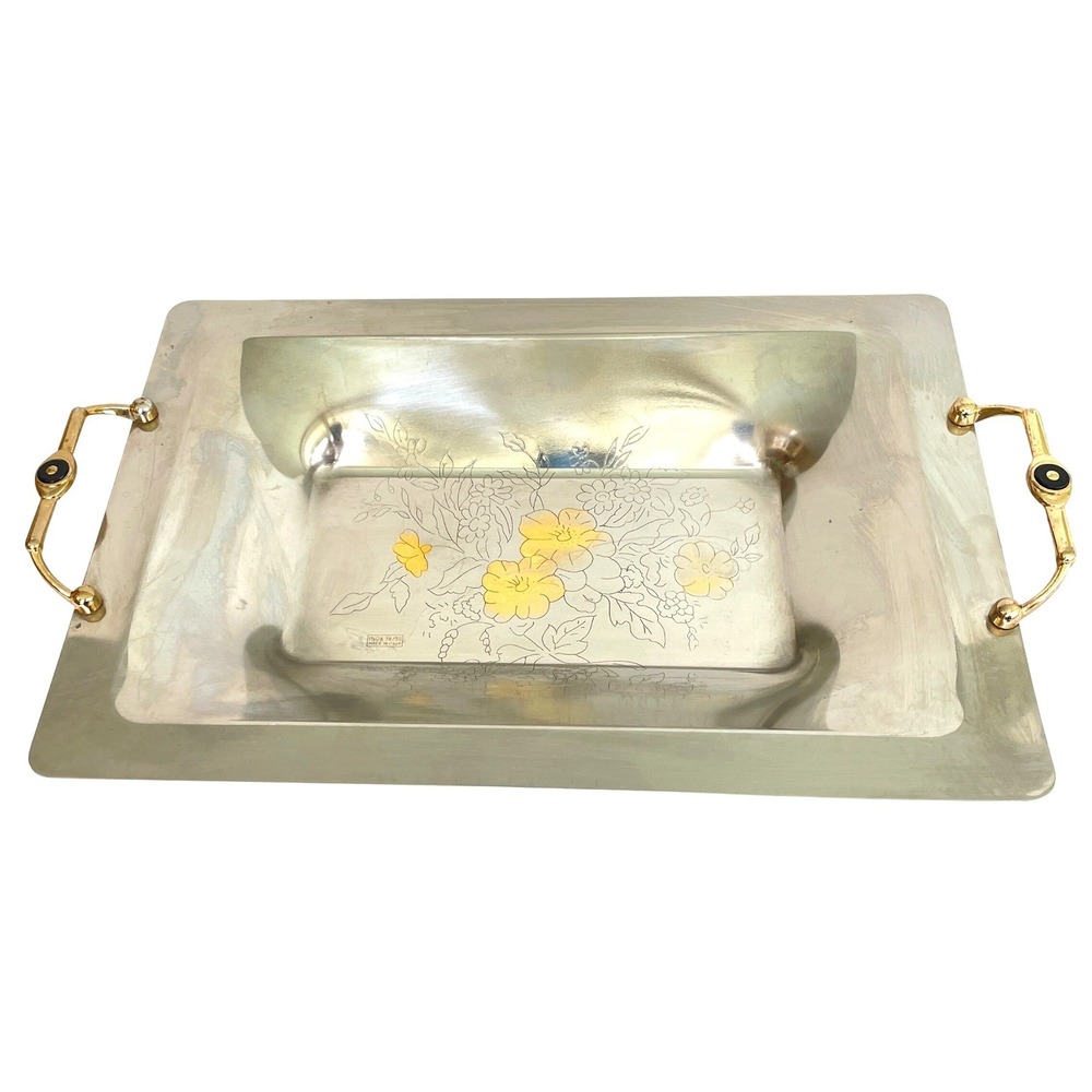 Vintage Inox 18/10 Stainless Steel Serving Tray Made Italy Etched Gold Floral